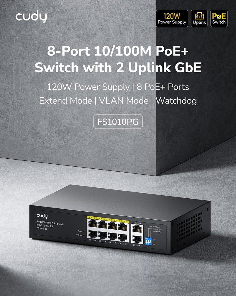 Cudy 8 Port Fast Ethernet 100Mbps PoE Switch 8 PoE+ Ports @120W, Plug & Play Sturdy Metal w/Shielded Ports Extend Mode Priority Mode FS1010PG - Image 2